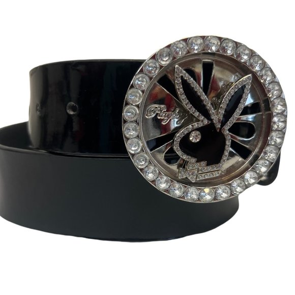 Playboy Black Patent Leather Belt with Rhinestone Studded Spinner Bunny Buckle S